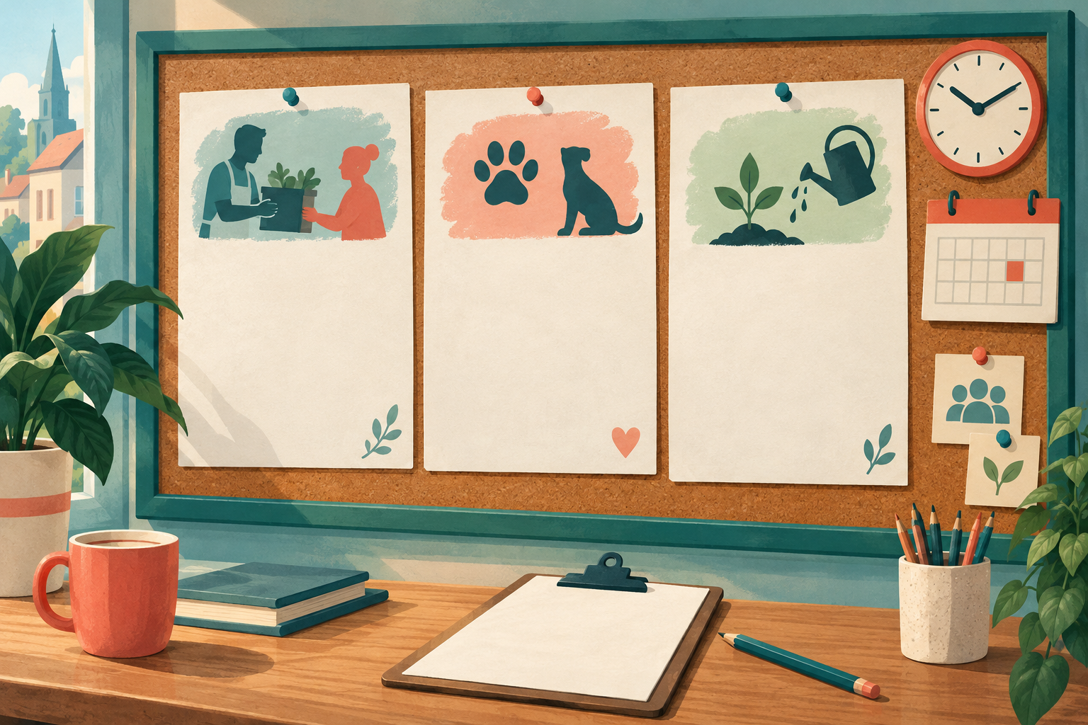 Original illustration of fictional festival volunteer roles: programme checking, organising craft materials and welcoming visitors. Full role conditions and profiles are selectable.