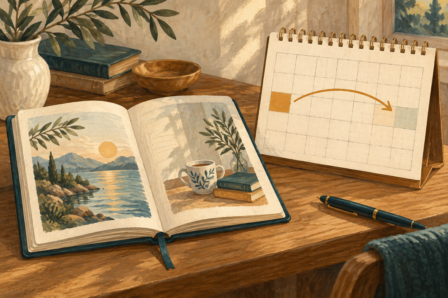 A diary and calendar illustrate a plan viewed from an earlier day.