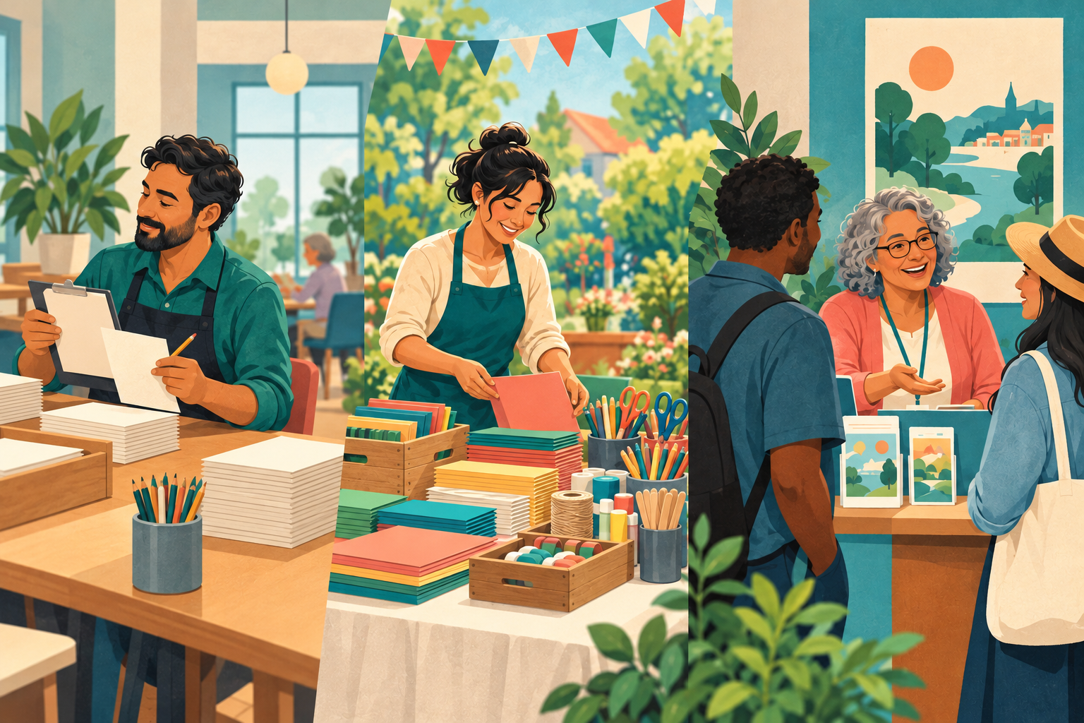 Original illustration of fictional festival volunteer roles: programme checking, organising craft materials and welcoming visitors. Full role conditions and profiles are selectable.