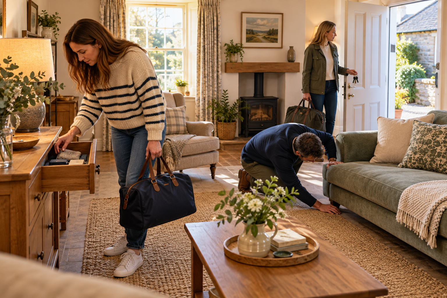 Adults check a drawer and look under a sofa while another waits by the door.
