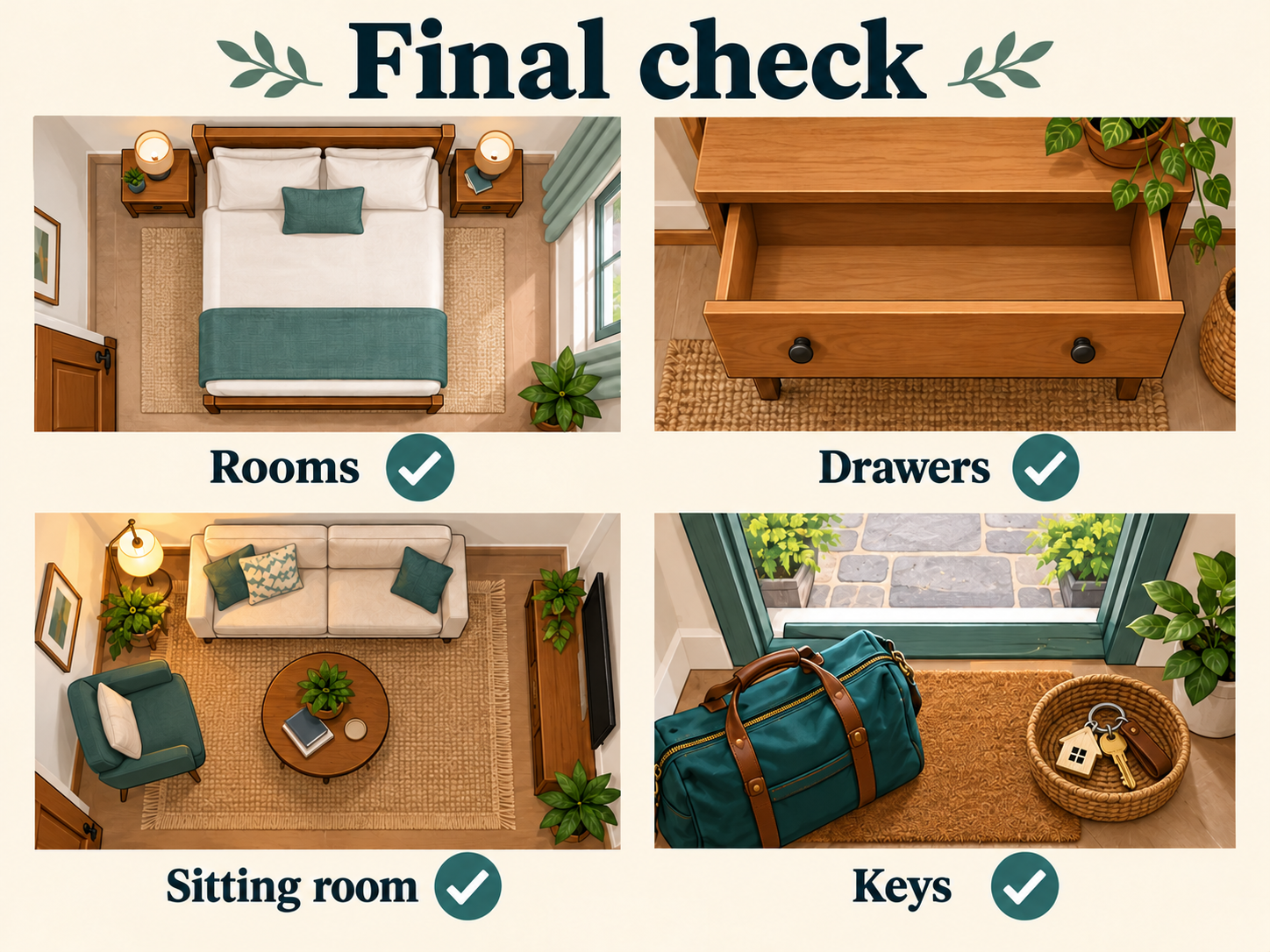 Four search panels show checked rooms, an empty drawer, an empty sitting room and keys in a basket.