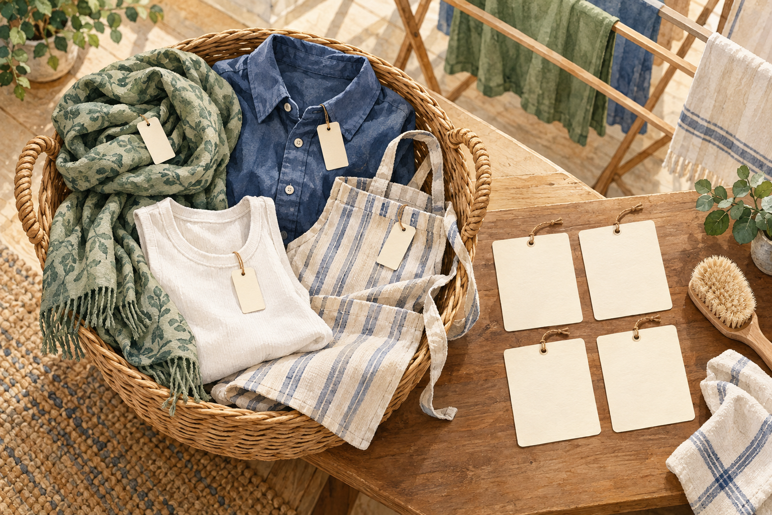 A basket with a scarf, shirt, vest and apron sits beside blank care cards and a drying rack.