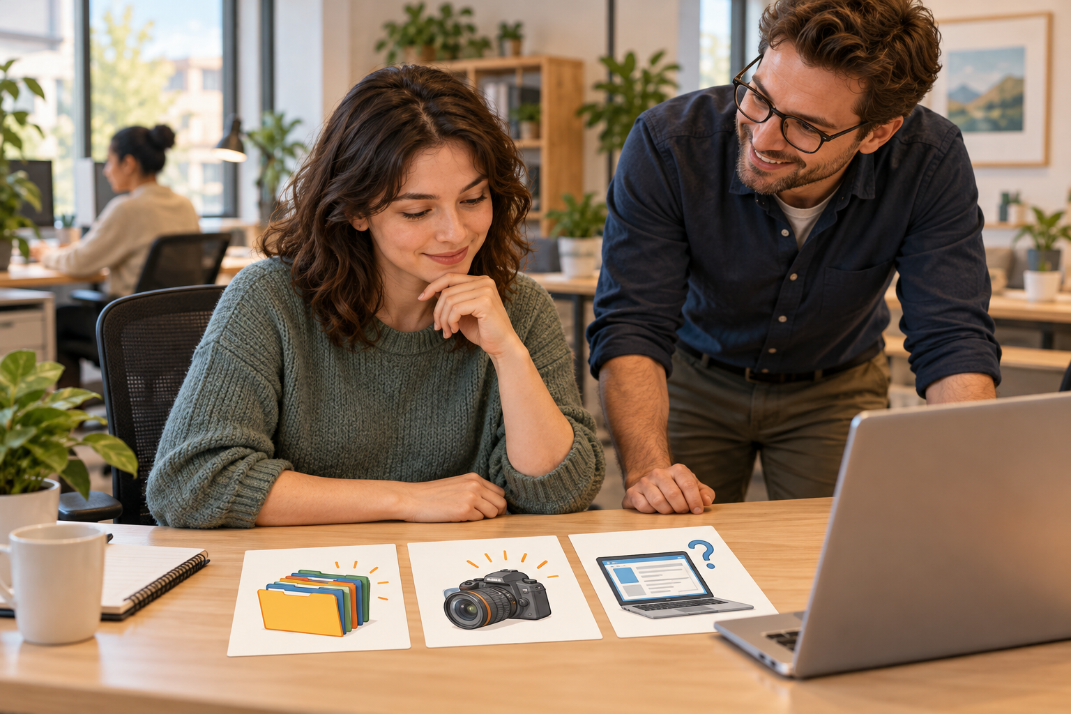 Two adult colleagues discuss folders, a camera and a software screen at an office desk.