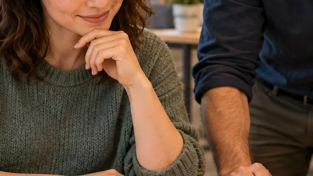 Two adult colleagues discuss folders, a camera and a software screen at an office desk.