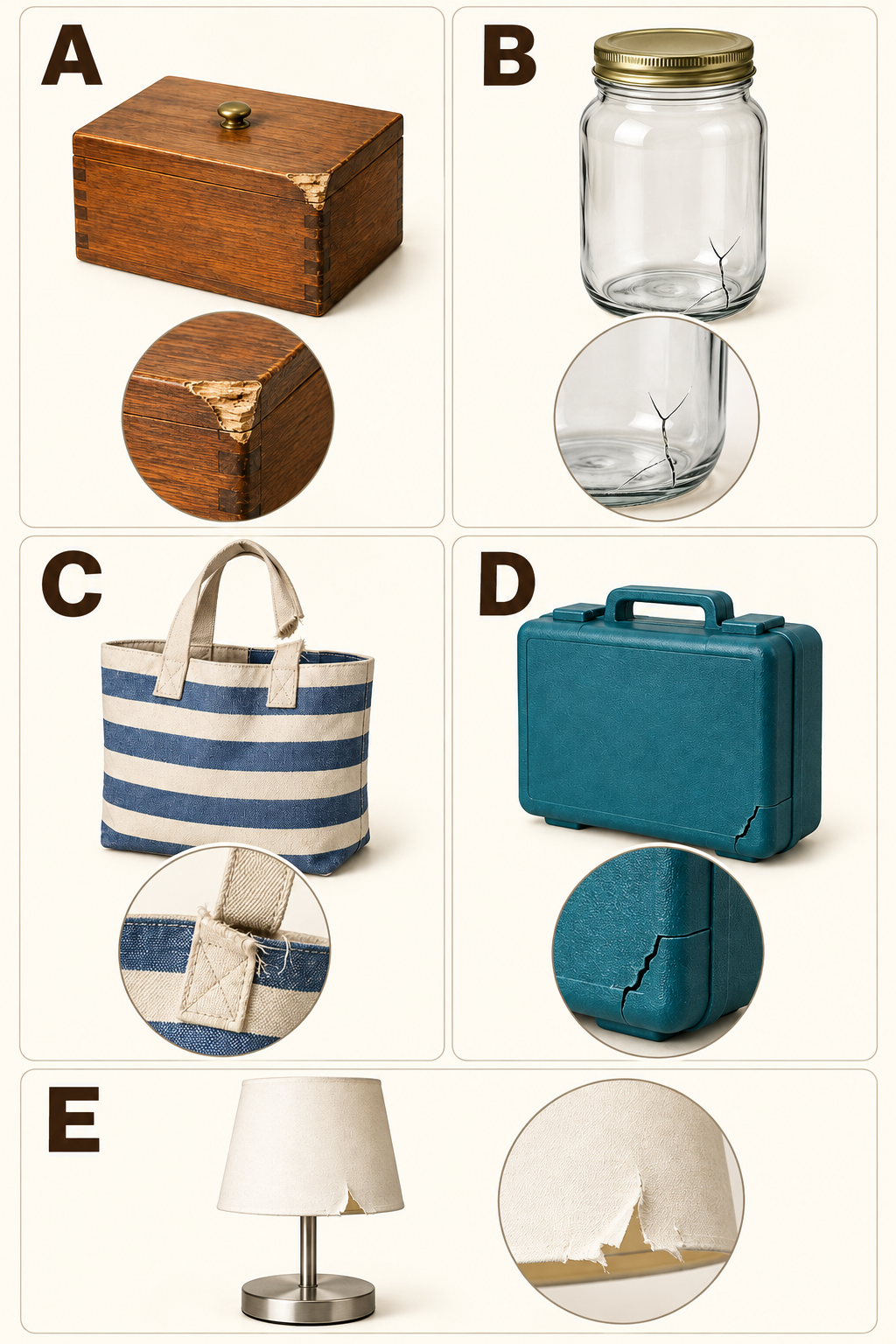 Five labelled object cards in a two-column layout: A chipped wooden box with knob; B cracked glass jar; C striped bag with loose handle; D cracked plastic case; E straight-arm lamp with torn shade. Close-ups show each feature.
