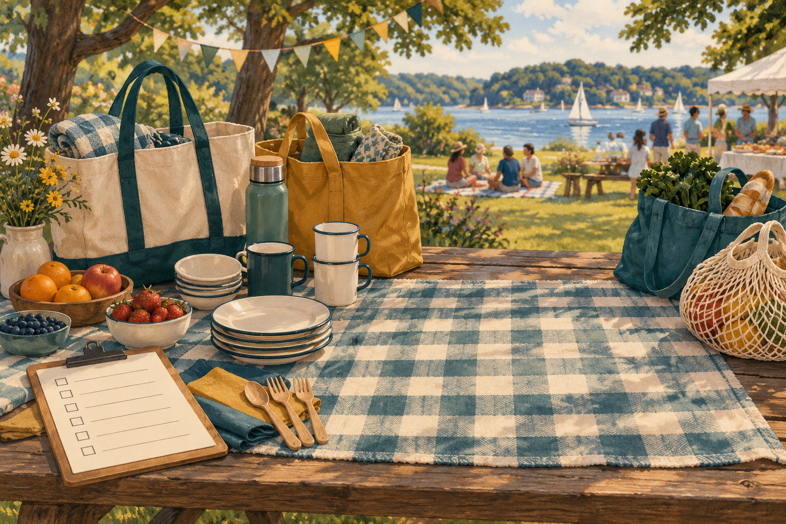 A picnic checklist sits beside bags and an empty space for a box.