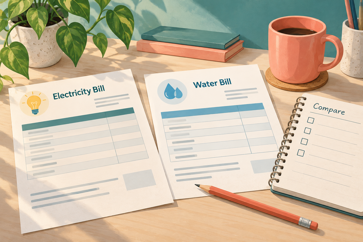 Original illustration of anonymous fictional household-service statements; no personal account information or payment controls are present.