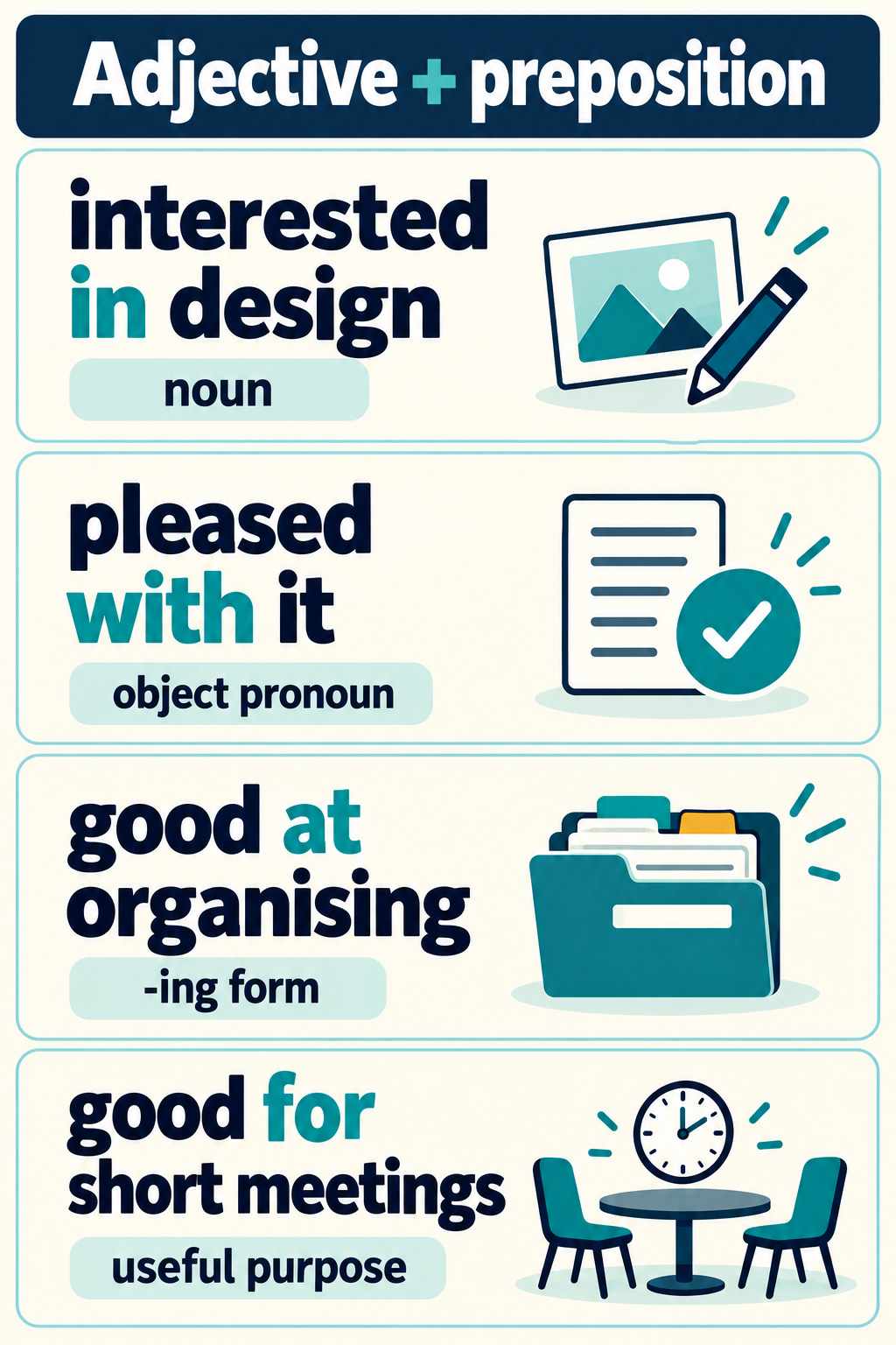 Four completed examples show adjective–preposition phrases with nouns, pronouns, -ing forms and useful purposes.