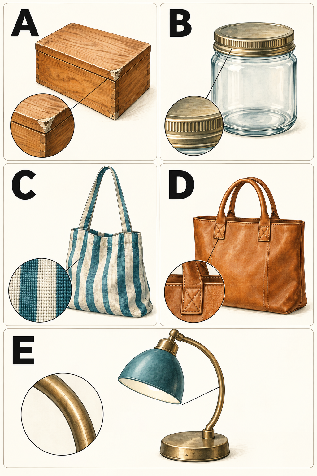 Five labelled cards in two columns: A chipped wooden box; B glass jar with metal lid; C striped cotton bag with one long strap; D plain leather bag with two handles; E lamp with curved metal arm.