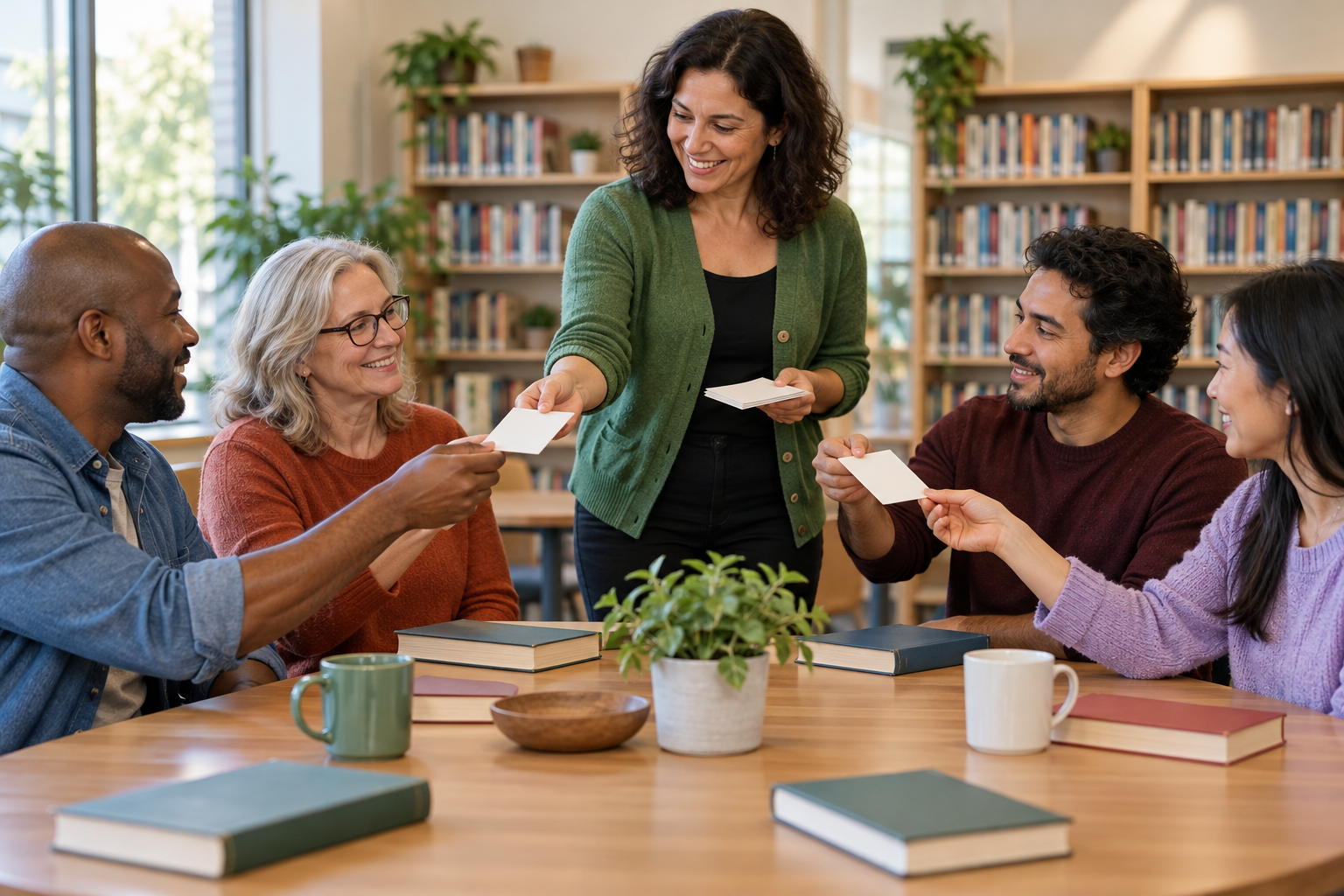 An adult group leader gives individual cards to people seated around a table.