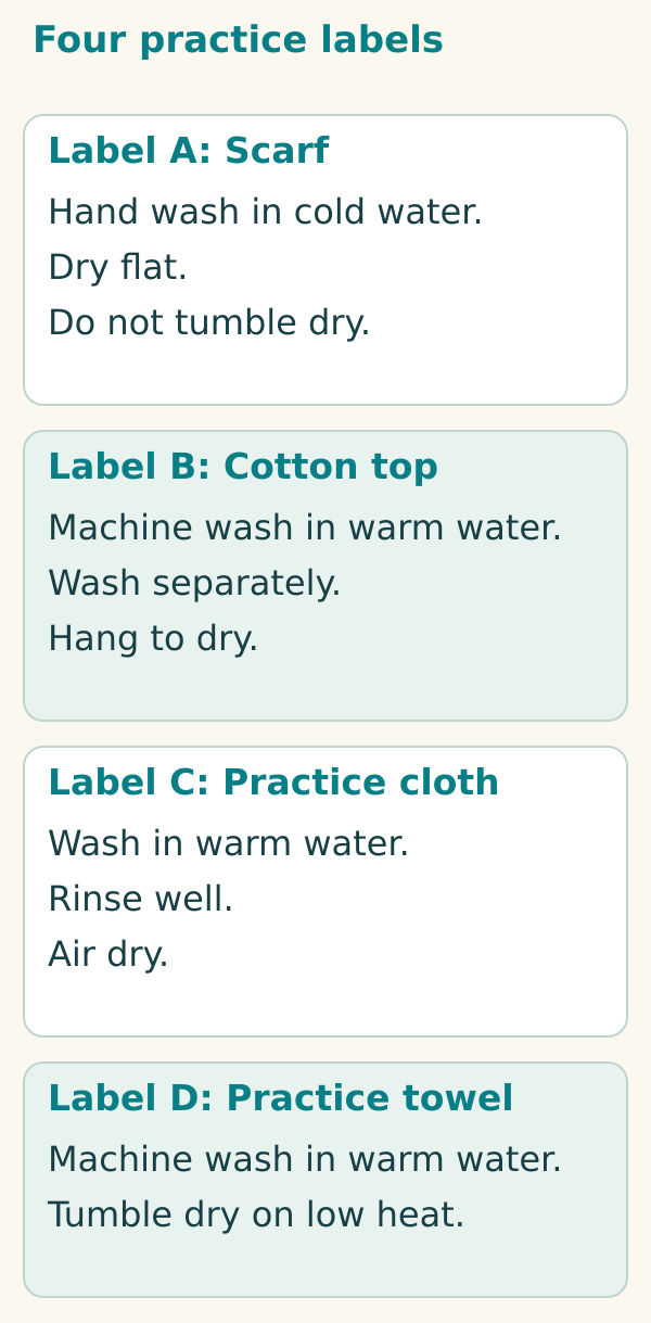 Four large portrait cards show fictional Labels A–D and their washing and drying instructions, repeated in selectable text.