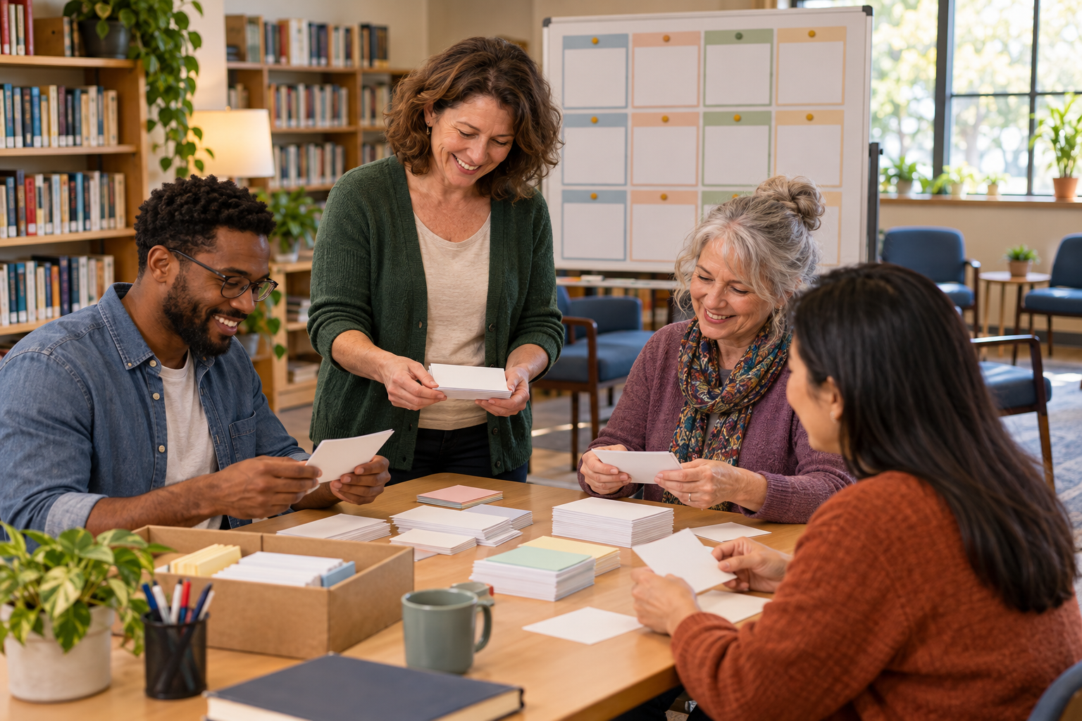 Adults assign reading-club tasks around a table with books and blank cards.