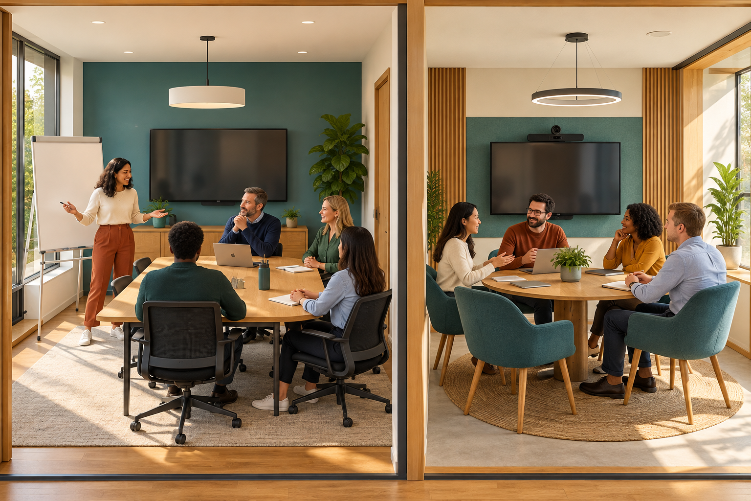 An organiser compares two meeting rooms with different tables, seating and presentation equipment.
