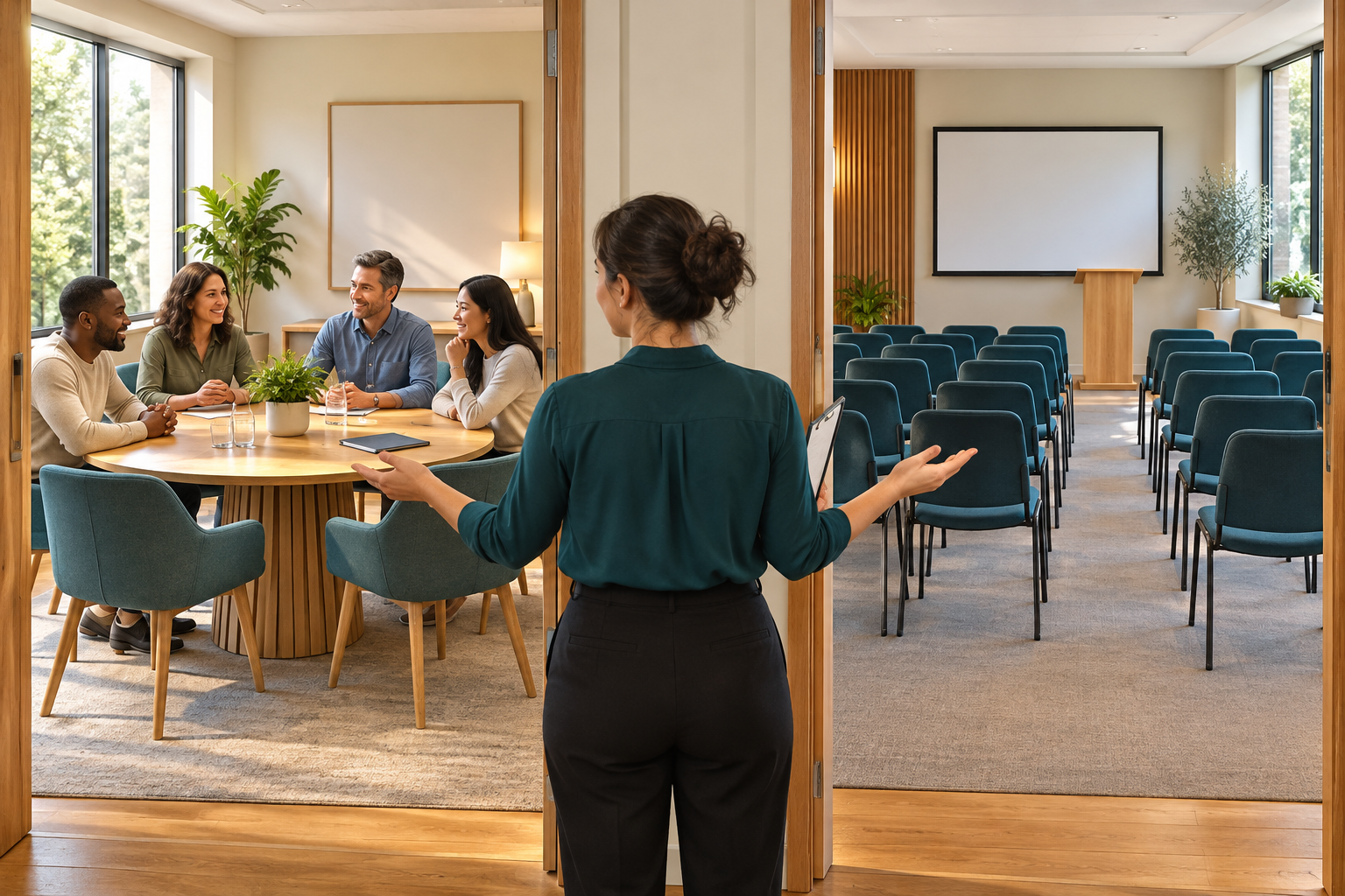 An organiser stands between a room with a round table and another with rows of chairs.